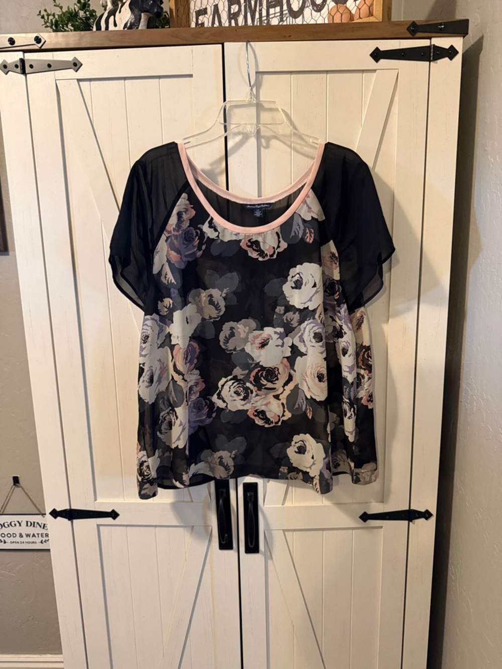 American Eagle Outfitters Black Floral Chiffon Top with Pink Trim